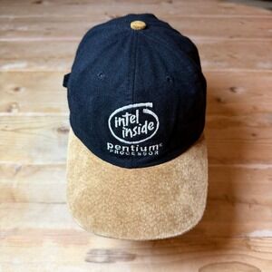 Vintage Intel Inside Pentium Processor Hat Black Tan Suede Brim 90s Tech Promo